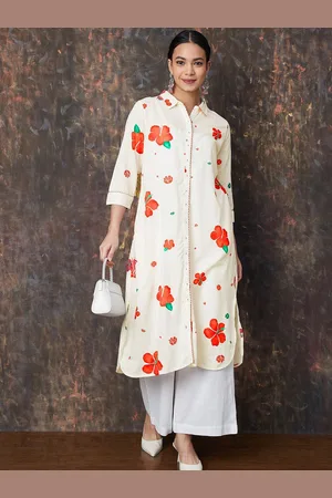 Lifestyle Floral Printed Shirt Collar Thread Work A-Line Kurta