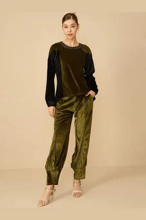 Antheaa Olive Green Embellished Velvet Top With Trouser