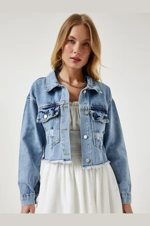Happiness istanbul Women Spread Collar Solid Cotton Casual Denim Jacket