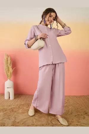 Sangria Pink Mandarin Collar Shirt With Palazzo