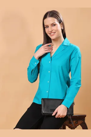 Cation Women Classic Slim Fit Cuban Collar Solid Cotton Formal Shirt