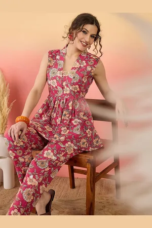 Sangria Floral Printed V Neck Pure Cotton Tunic With Trousers