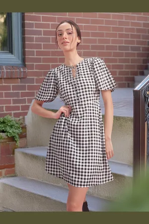 DressBerry Checked Tie-Up Neck Flared Sleeve Sheath Mini Dress