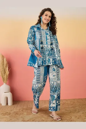 Sangria Floral Printed Cotton Shirt Collar Pure Cotton Tunic With Trousers