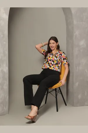 Kalini Tropical Printed Roll-Up Sleeves Cotton Shirt Style Crop Top