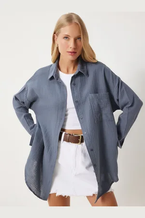 Happiness istanbul Women Oversized Fit Spread Collar Solid Cotton Casual Shirt