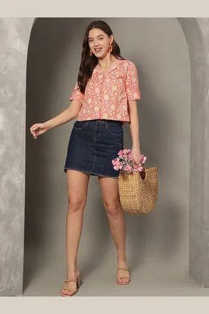 Kalini Women Floral Printed Roll-Up Sleeves Pure Cotton Shirt Style Crop Top