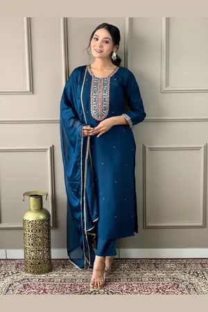 Kalini Women Embroidered Regular Thread Work Chanderi Silk Kurta with Trousers & With Dupatta