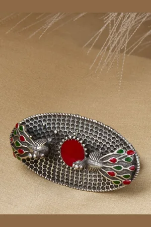 Priyaasi Silver-Plated Oxidized Stones-Studded Finger Ring