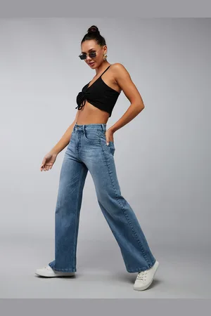 DOLCE CRUDO Women Wide Leg High-Rise Light Fade Stretchable Jeans