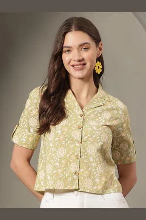 Kalini Women Floral Print Roll-Up Sleeves Cotton Shirt Style Crop Top