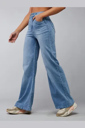 DOLCE CRUDO Women Wide Leg High-Rise Light Fade Stretchable Jeans