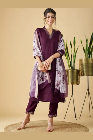 Mokosh Sequinned Work V-Neck A-Line Kurta With Trousers And Dupatta