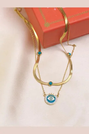 Artklim Stainless Steel Artificial Stones Studded Layered Evil Eye Quirky Shaped Necklace