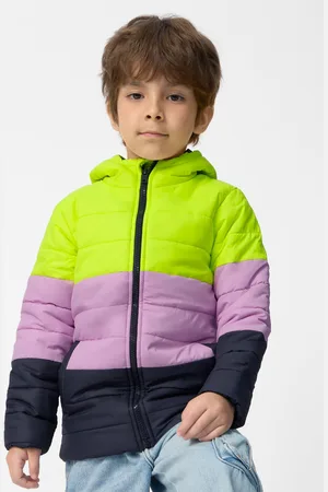 The Souled Store Boys Lime Green & Lavender Colourblocked Hooded Windcheater Padded Jacket