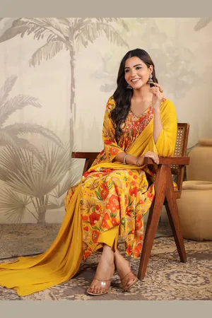 Janasya Women Floral Printed Pleated Sequinned Kurta with Trousers & With Dupatta