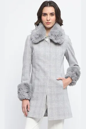 MADAME Women Checked Faux Fur Single-Breasted Longline Overcoat