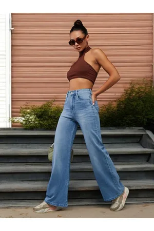 DOLCE CRUDO Women Wide Leg High-Rise Light Fade Stretchable Jeans