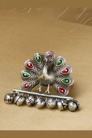 Priyaasi Silver-Plated Stone Studded & Beaded Oxidized Meenakari Peacock Finger Ring