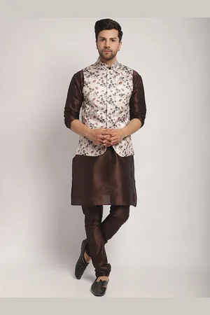 Kaifoo Mandarin Collar Long Sleeves Straight Kurta with Churidar & Printed Nehru Jacket
