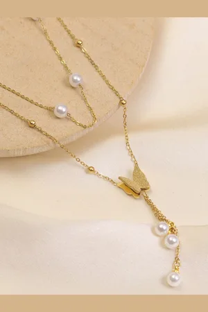 Artklim Gold-Plated Double Layered Beaded & Butterfly Pendant Necklace