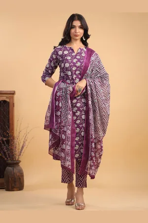 Janasya Women Floral Printed Regular Pure Cotton Kurta with Trousers & With Dupatta