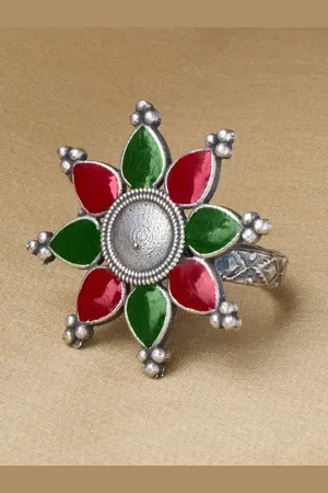 Priyaasi Silver-Plated Stone Studded Oxidized Meenakari Finger Ring
