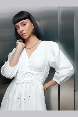 French Connection Pure Cotton Puff Sleeve Fit & Flare Midi Dress