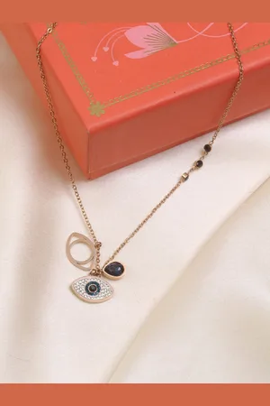 Artklim Stainless Steel Gold-Plated Crystal Studded Evil Eye Quirky Shaped Pendant & Chain
