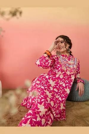 Sangria Pink Floral Printed Embroidered Mandarin Collar Pure Cotton Tunic With Trouser