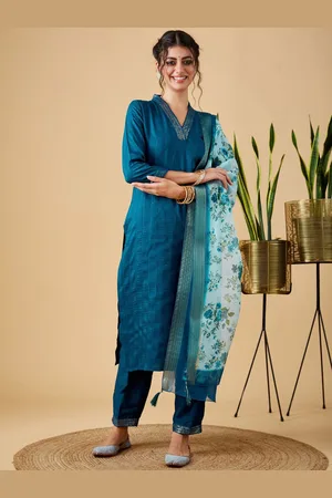 Mokosh Sequinned Work V-Neck A-Line Kurta With Trousers And Dupatta