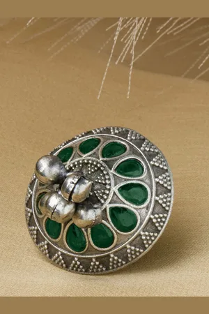 Priyaasi Silver-Plated Artificial Stones and Beads Studded & Beaded Oxidized Finger Ring