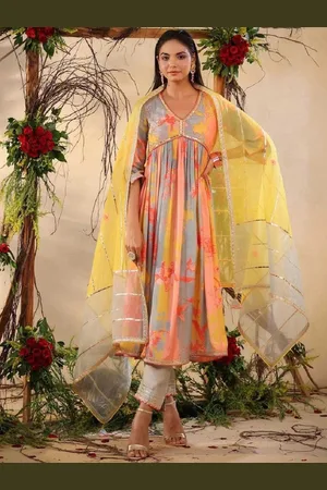 Moda Rapido Floral Embroidered V-Neck Empire Anarkali Kurta With Trouser & Dupatta