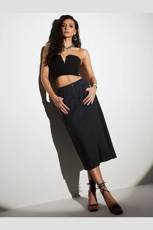 Miss Chase Women Black Straight-Fit High-Rise Clean-Look Stretchable Denim Midi Skirt