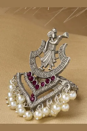 Priyaasi Silver-Plated Stone Studded & Beaded Oxidized Finger Ring