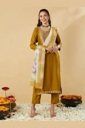 Mokosh Ethnic Motifs Embroidered Sequinned Notch Neck Kurta with Trousers & Dupatta