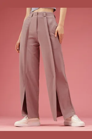 DressBerry Women Textured High-Rise Wide Leg Straight Fit Front Slit Korean Trousers