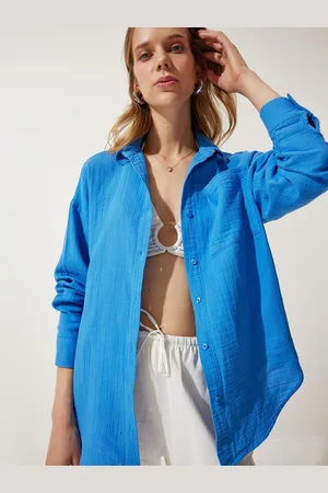 Happiness istanbul Women Oversized Fit Spread Collar Solid Cotton Casual Shirt