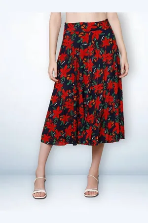 Jinfo Women Floral Printed Flared Mid Skirt With Attached Shorts