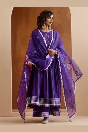 Ishin Gotta Patti Pure Cotton Round Neck Anarkali Kurta With Palazzos And Dupatta