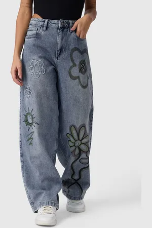 The Souled Store Women Denim Floral Blue Baggy Fit Jeans