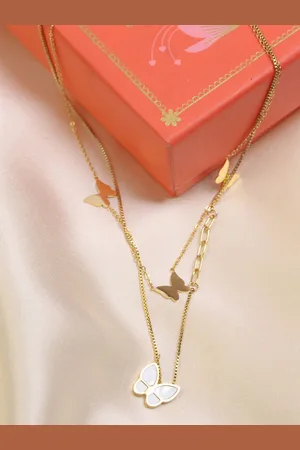 Artklim Stainless Steel Gold-Plated Double Layered Butterfly Charms Pendant Necklace