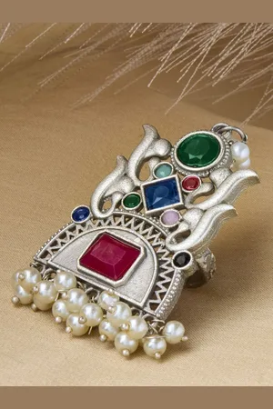 Priyaasi Silver-Plated Crystal Studded Oxidized Finger Ring