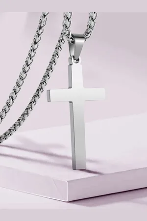 Peora Men Silver-Plated Stainless Steel Fancy Cross Pendant with Chain