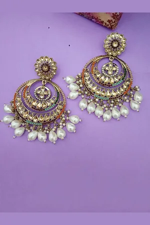 EVY Gold-Plated Artificial Stones Studded And Beaded Contemporary Shaped Chandbalis