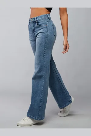 DOLCE CRUDO Women Wide Leg High-Rise Light Fade Stretchable Jeans