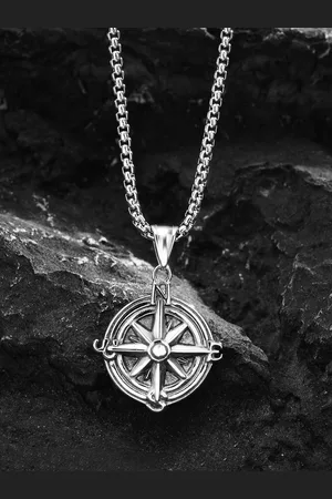 Peora Men Silver-Plated Stainless Steel Fancy Compass Pendant with Chain