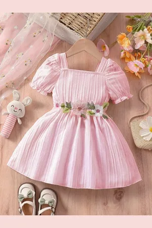 BAESD Girls Cotton Square Neck Self Design Fit & Flare Dress with Floral Details