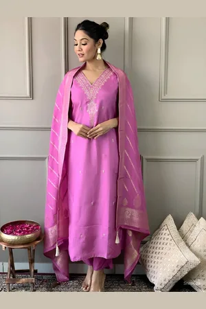Kalini Women Embroidered Regular Thread Work Chanderi Silk Kurta with Trousers & With Dupatta