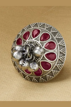 Priyaasi Silver-Plated Stone Studded & Beaded Oxidized Kemp Finger Ring